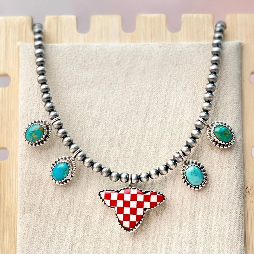 925 Sterling Silver Cow Checkered Red Pendant with Turquoise accents